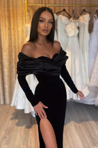 Black Mermaid Prom Dress Half-Sleeve Pleated with Slit BM bride
