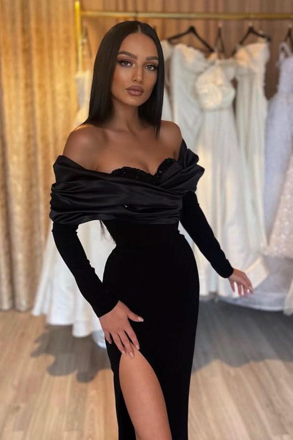 Black Mermaid Prom Dress Half-Sleeve Pleated with Slit BM bride