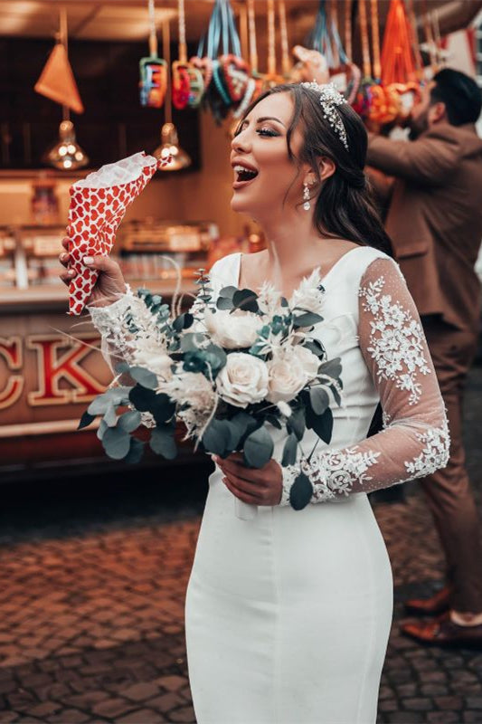 V-Neck Long Sleeve Lace Mermaid Wedding Dress BM bride
