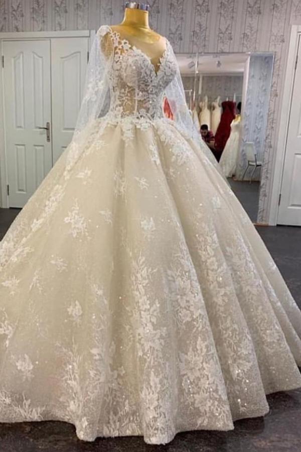 Vintage A-Line Bateau Neck Floor-Length Tulle Wedding Dress with Lace Sequins Appliques BM bride