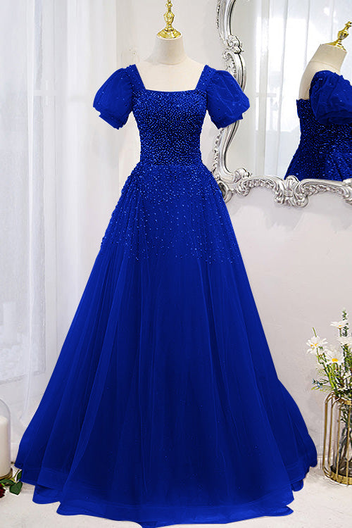 Chic Lace Up Prom Dress Beadings A Line Short Sleeves With Square Online BMBRIDE