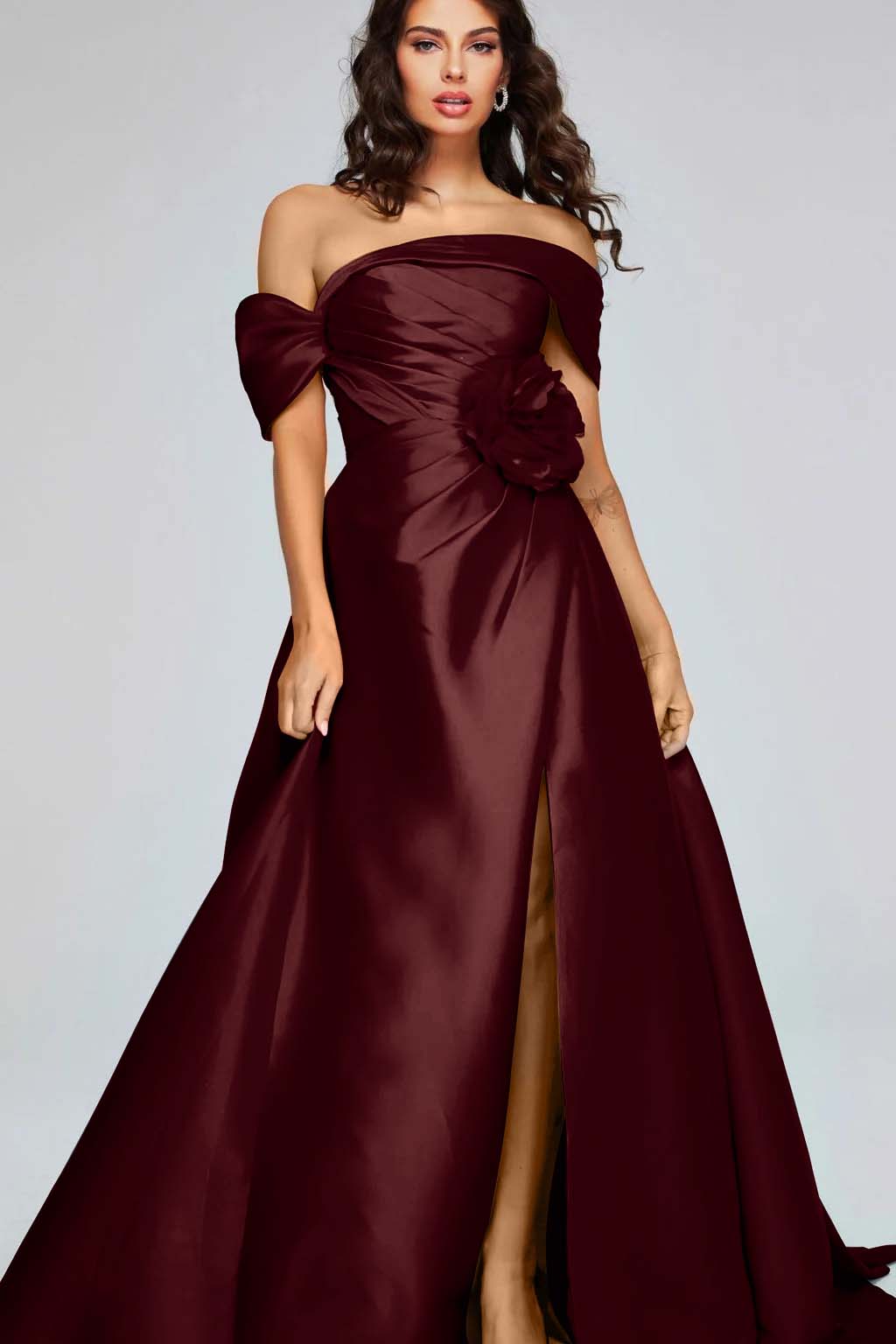 Off the Shoulder Sleeveless Long Split Prom Dress With Pleated BMBRIDE