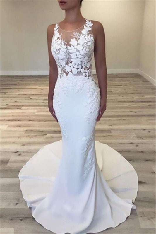 Sleeveless Jewel Long Mermaid Wedding Dress with Lace Appliques BM bride