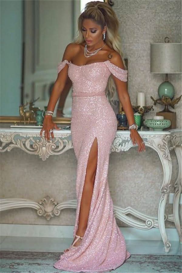 Pink Sequins Mermaid Evening Dress with Split BM bride