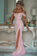 Pink Sequins Off the Shoulder Mermaid Elegant Prom Dresses With Split BMBRIDE