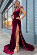 Rich Wine Velvet Beaded One-Shoulder Long Formal Dress with Slit BM bride