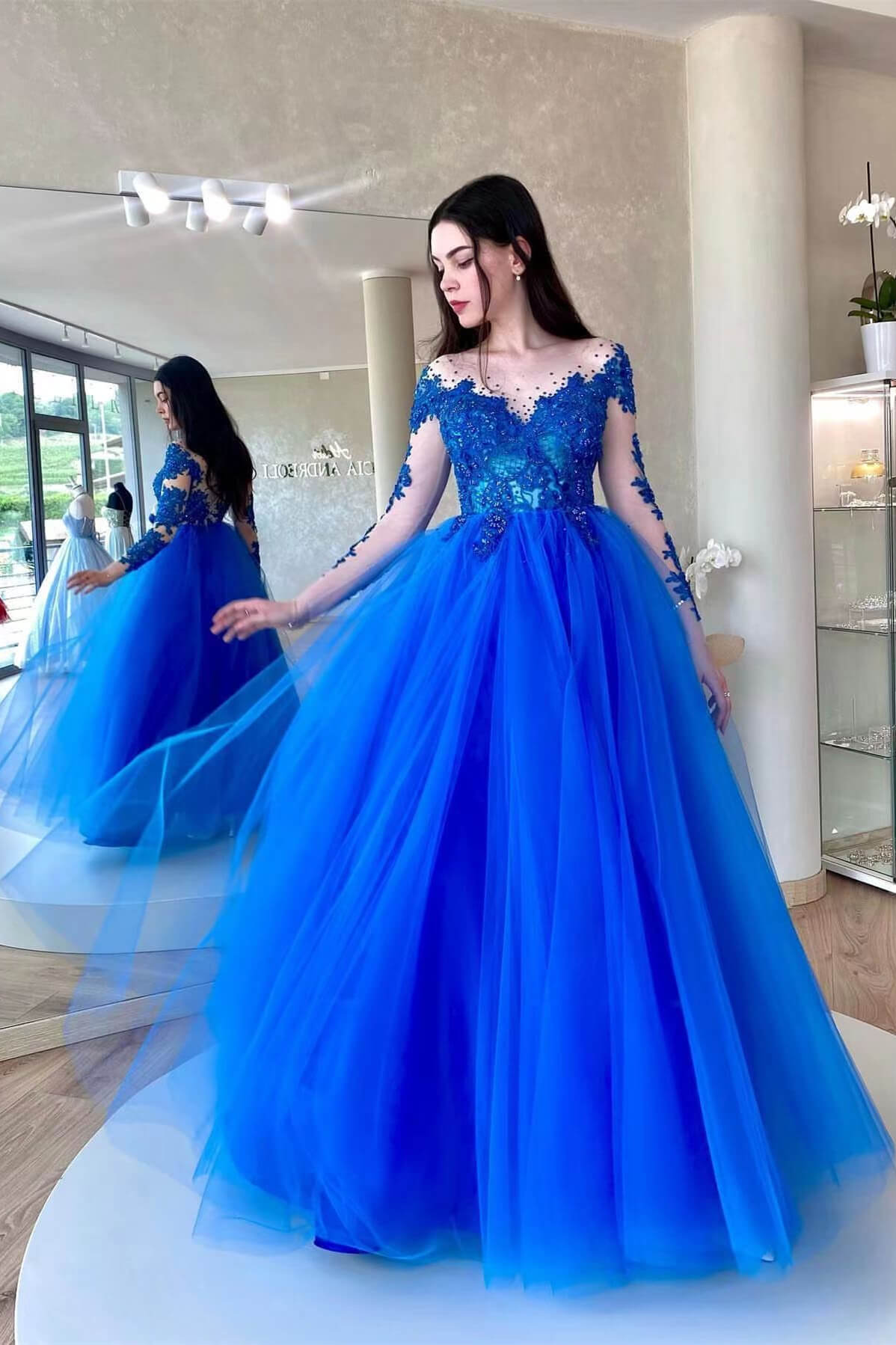 Amazing Royal Blue Long Sleeve Tulle Prom Dress with Appliques BM bride