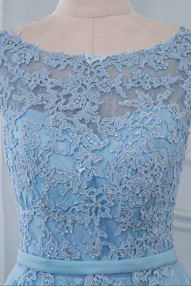 Sky Blue Scoop Sleeveless Prom Dress Long With Lace Appliques