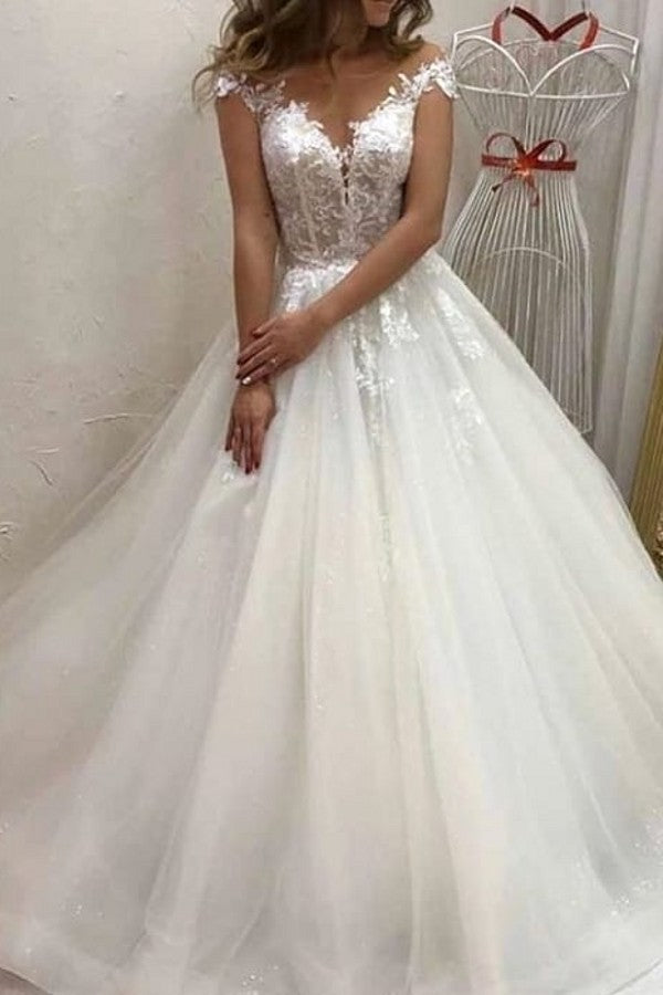 Sweetheart Off-the-Shoulder A-Line Wedding Dress with Train, Tulle, and Lace Appliques BM bride