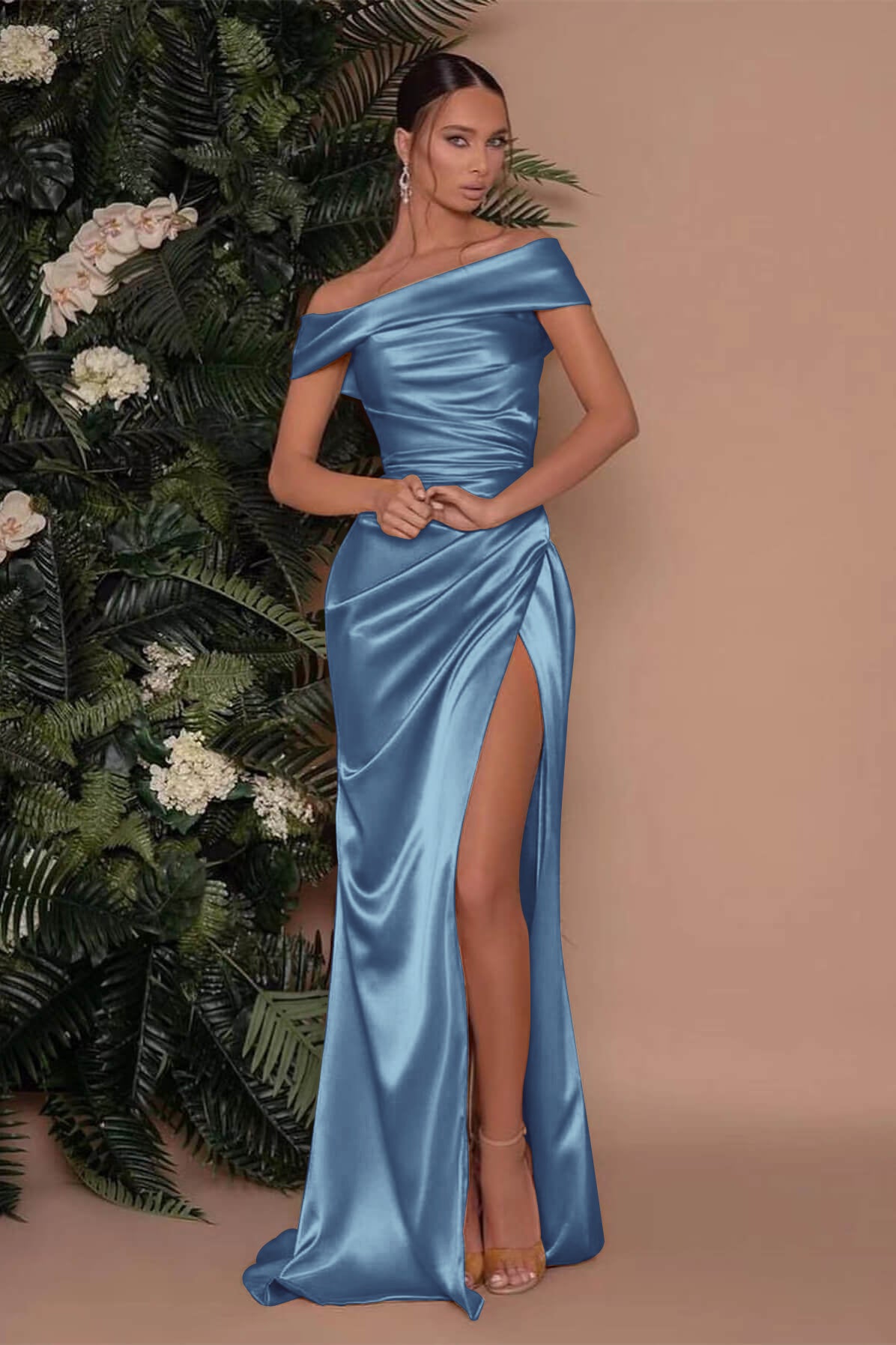 Champagne Off-The-Shoulder Charmeuse Prom Dress with Split Mermaid BM bride