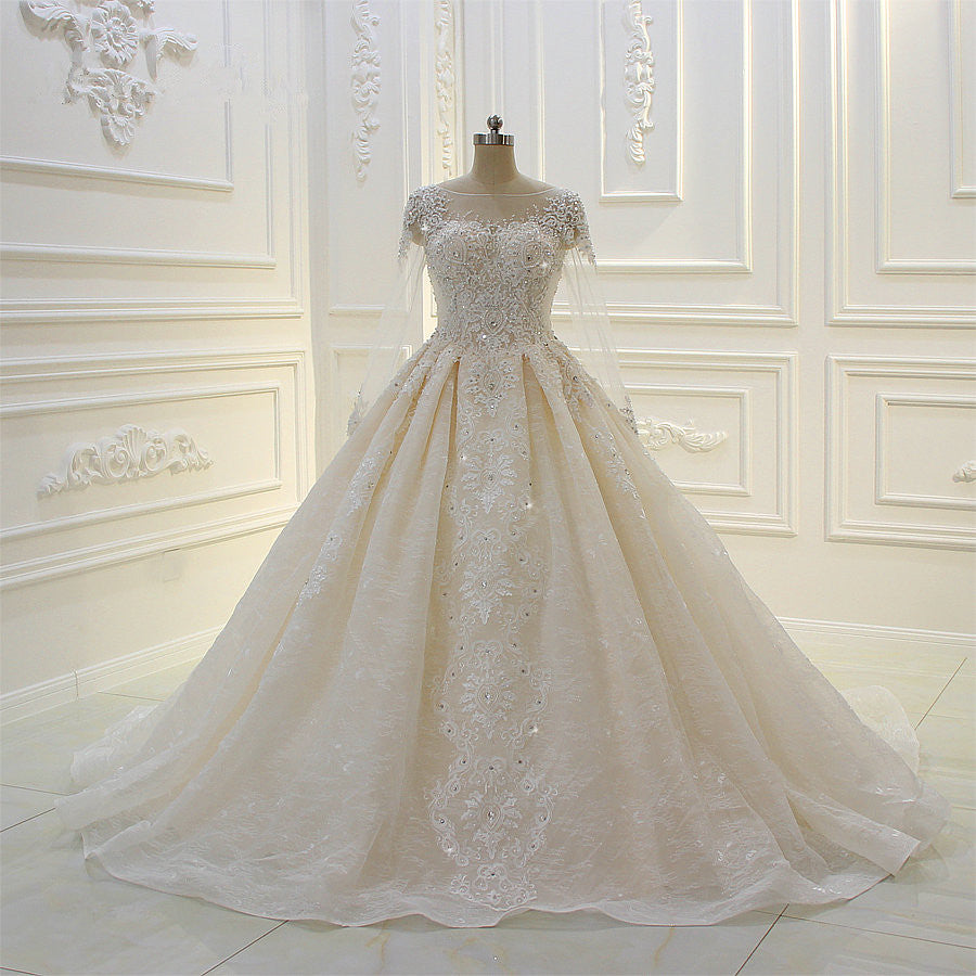 Bateau Long Sleeve Beaded Ball Gown Wedding Dress with Lace Appliques BM bride