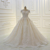 Bateau Long Sleeve Beaded Ball Gown Wedding Dress with Lace Appliques BM bride
