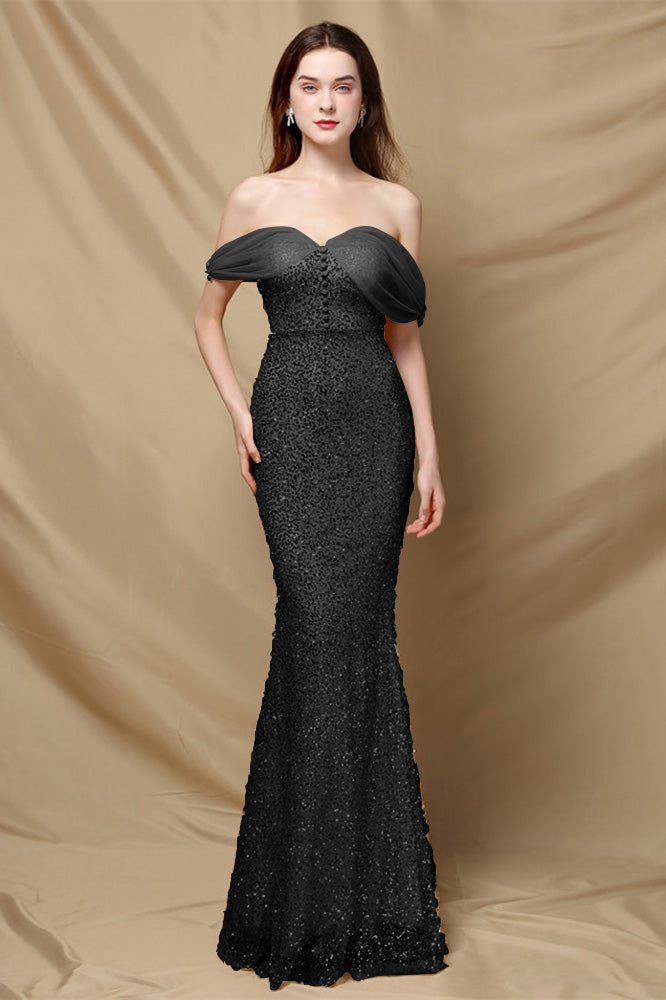Elegant Off the Shoulder Mermaid Sequins Prom Dress With Sweetheart Buttons BMBRIDE