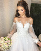 Elegant Long Princess Off-the-Shoulder Wedding Dress with Bubble Sleeves and Tulle BM bride