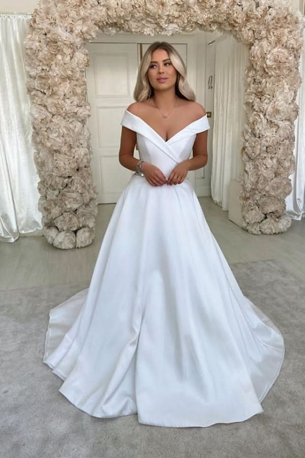 A-Line Off-the-Shoulder Satin Long Wedding Dress BM bride