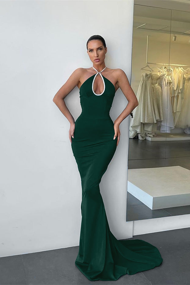 Dark Blue Sleeveless Halter Long Mermaid Prom Dress BM bride