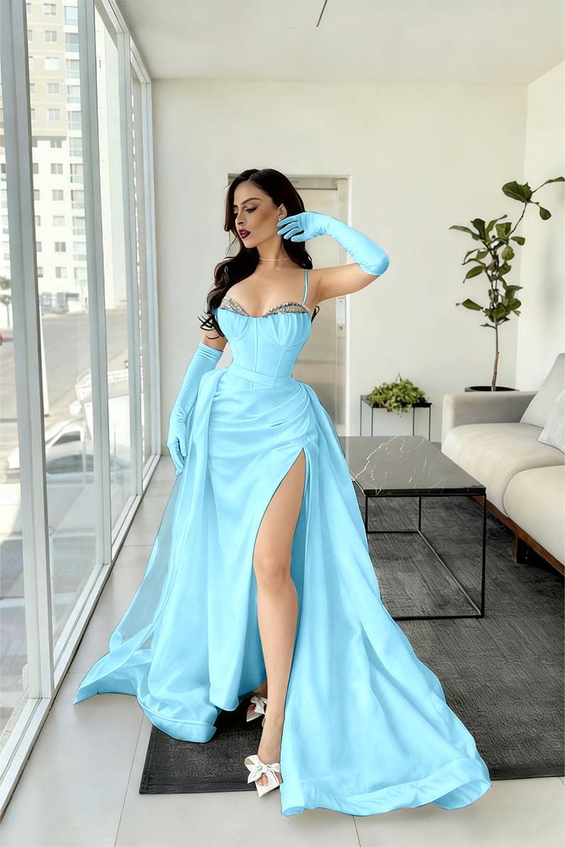 Spaghetti Strap Sleeveless Long Mermaid Prom Dress With Split Gloves BMBRIDE