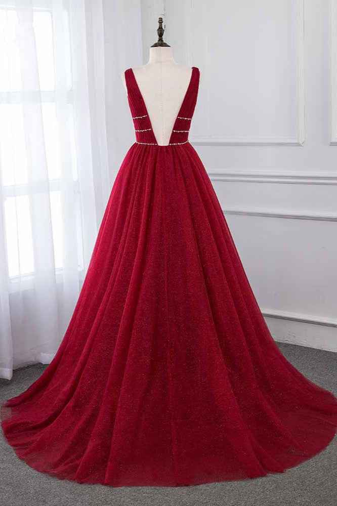 Burgundy V Neck Sleeveless A Line Long Prom Dress With Beading
