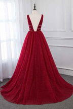 Burgundy V Neck Sleeveless A Line Long Prom Dress With Beading