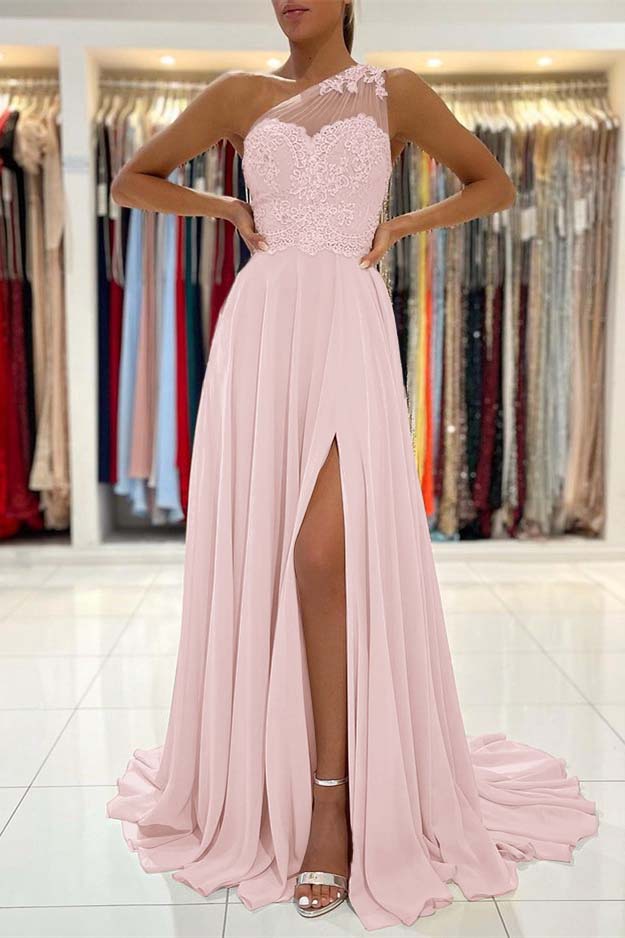 Glamorous One Shoulder Sleeveless Lace Appliques Prom Dress With Front Split BMBRIDE