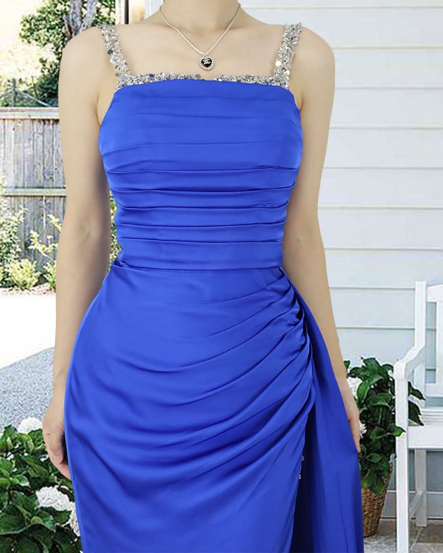 Royal Blue Sweetheart Sleeveless Long Prom Dress with Pleats and Slit BM bride