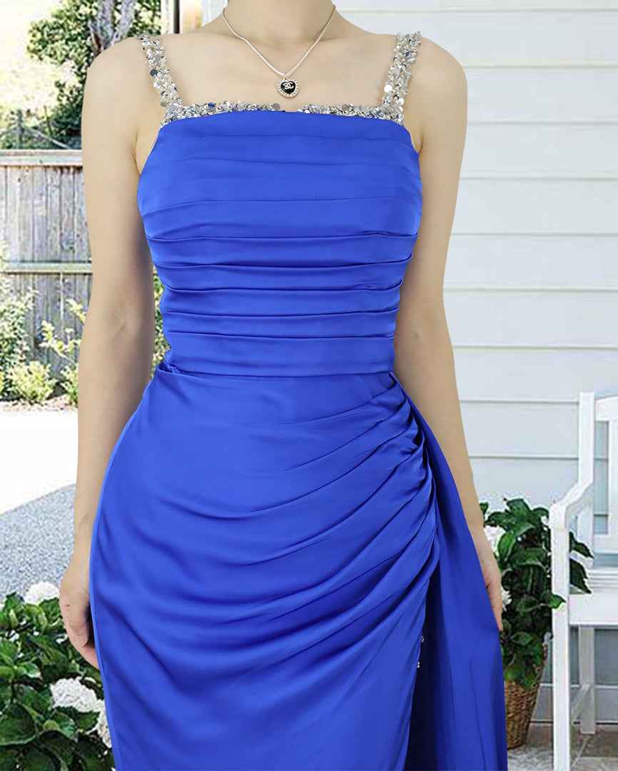 Prom Dress Royal Blue Sweetheart Long With Slit Sleeveless Pleated