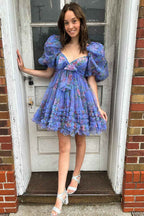 Ivory Puff Sleeves A-Line Floral Short Homecoming Dress with Ruffles Bmbride