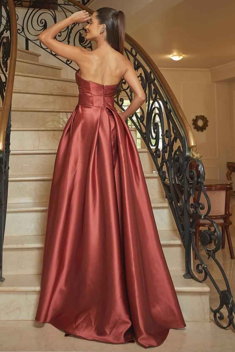 Strapless Sleeveless High Split Long Prom Dress With Pleated