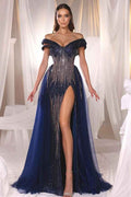 Navy Blue Off the Shoulder Beadings Strapless Long Prom Dress With High Split