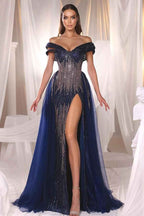 Navy Blue Off the Shoulder Beadings Strapless Long Prom Dress With High Split