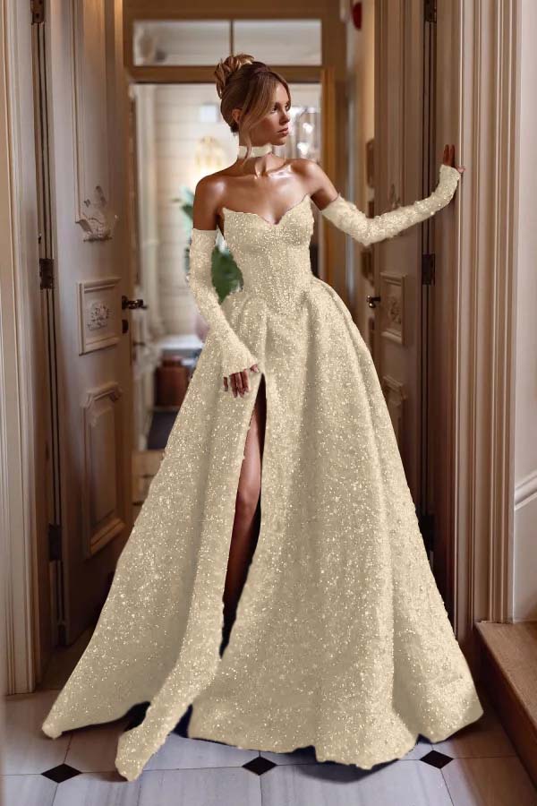 Strapless Sleeveless Long Split Prom Dress With Sequins Detachable sleeves