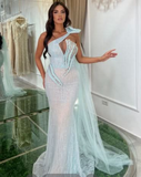 Elegant and Charming Mesh Sequins Prom Dress One Shoulder Mermaid Sleeveless Sexy Gown BM bride