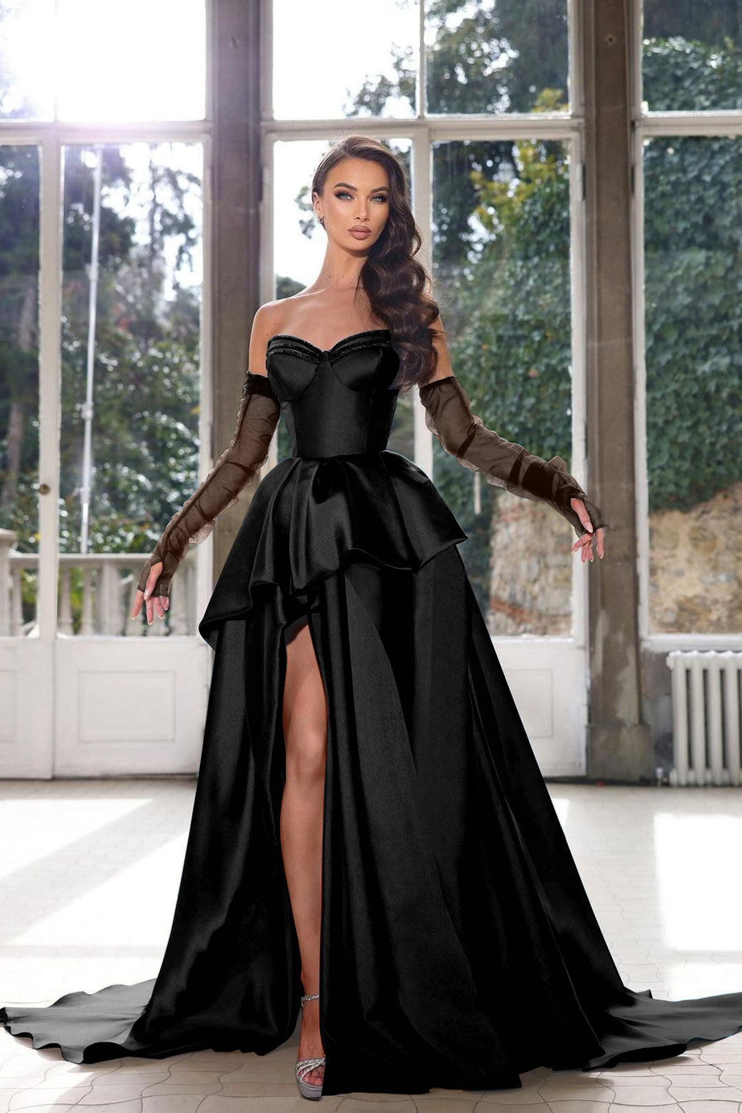 Glamorous Half Sleeves Ink Blue Prom Dress Strapless With High Split Gown BMBRIDE