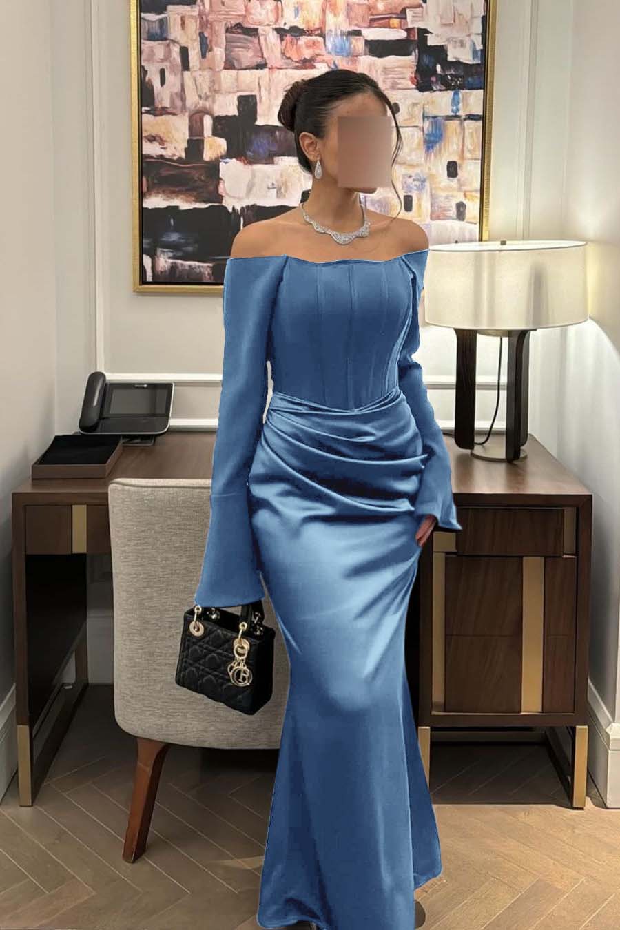 Strapless Long Sleeves Mermaid Long Prom Dress With Pleated BMBRIDE