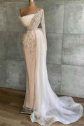 Chic White Mermaid Appliques Prom Dress Beaded With Long Sleeve Ruffles