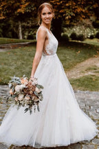 Deep V-Neck Floor-Length Floral A-Line Wedding Dress with Open Back and Tulle BM bride