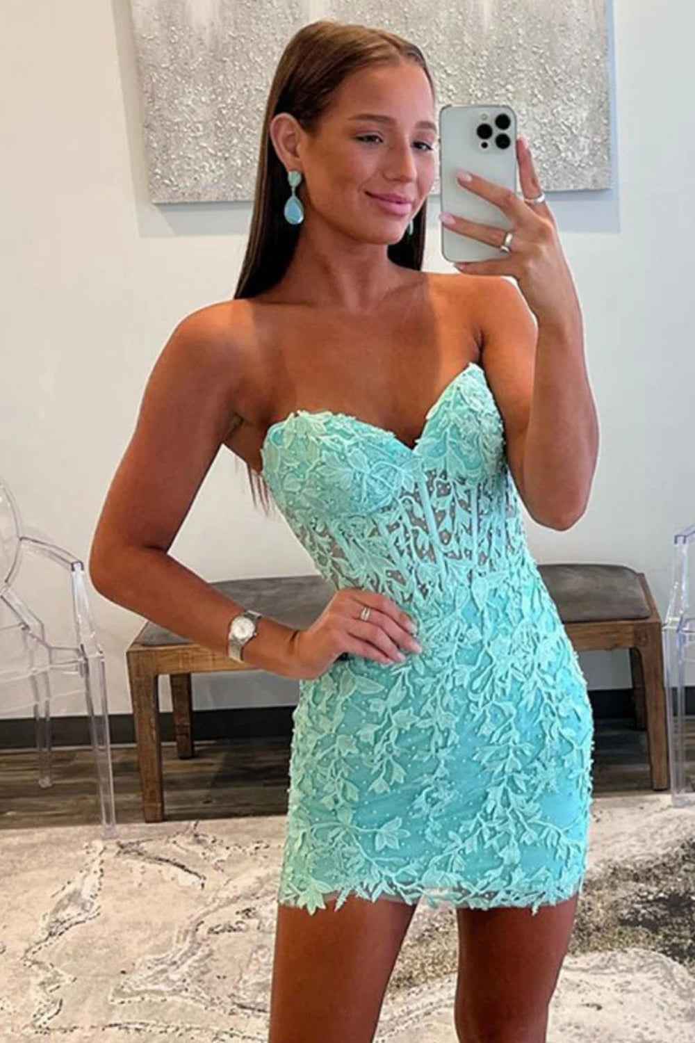 Mint Lace Sweetheart Tight Short Homecoming Dress Bmbride
