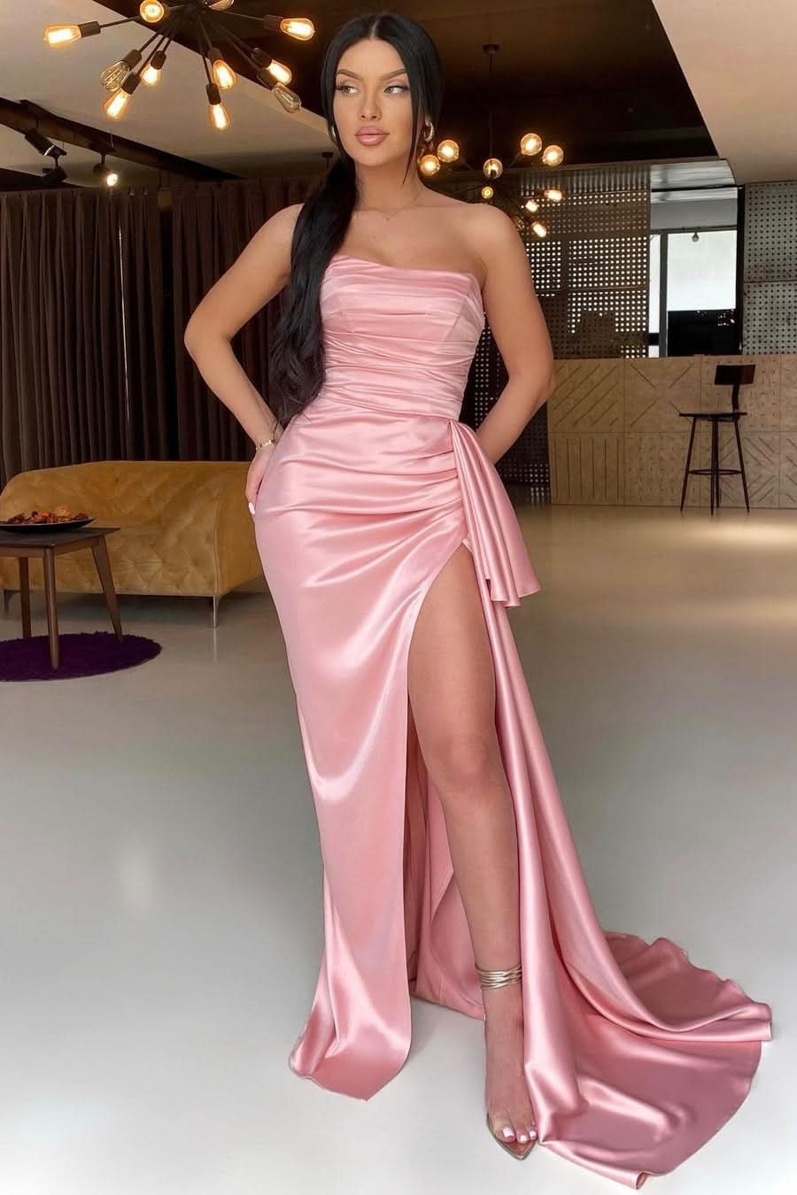 Pink Strapless Pleated Prom Dress with Side Split BM bride