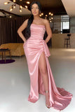 Pink Strapless Pleated Prom Dress with Side Split BM bride