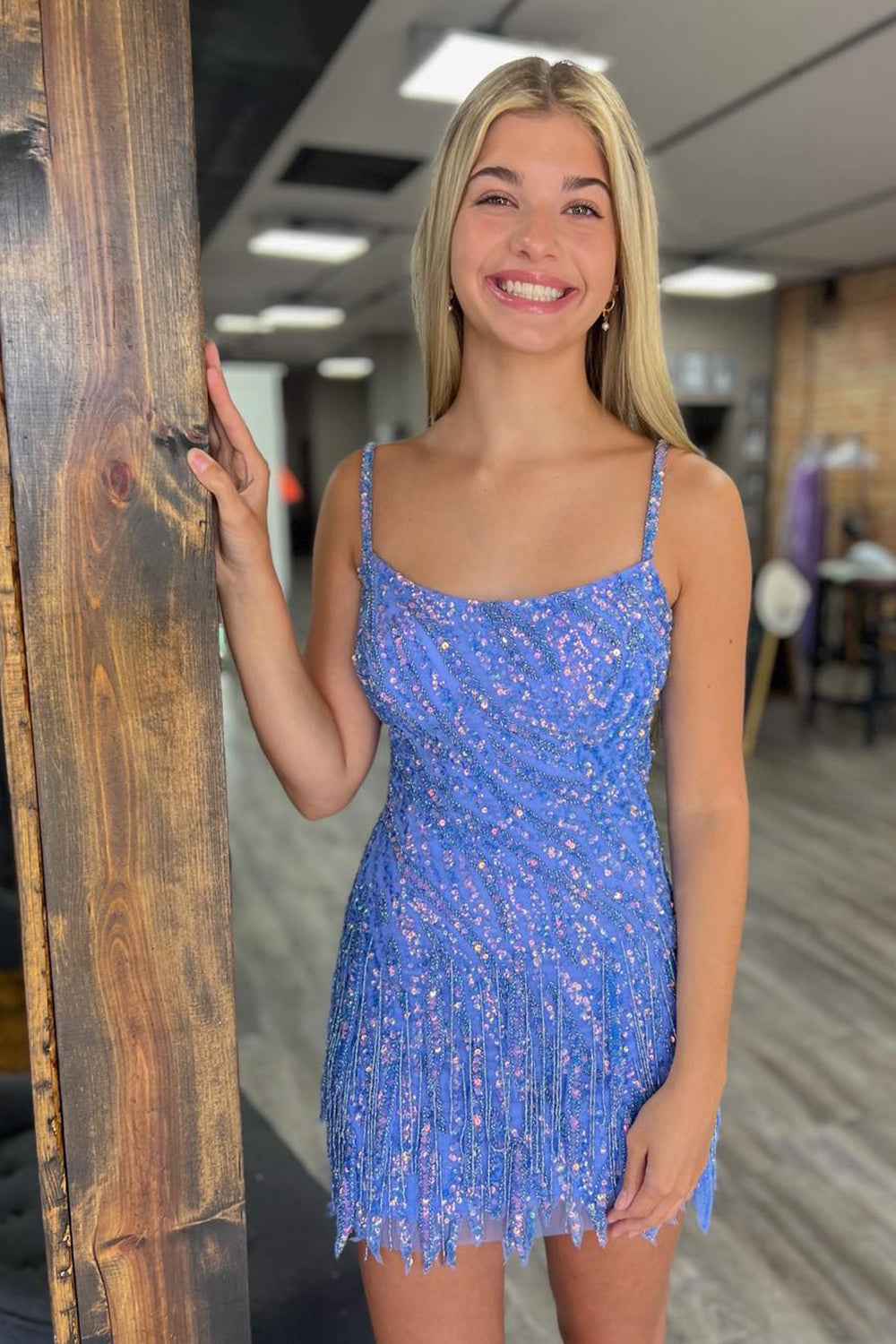 Sparkly Hot Pink Spaghetti Straps Sequins Fringed Tight Short Hoco Dress Bmbride