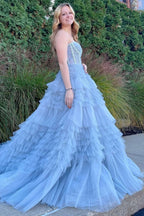 Charming Princess A-Line Strapless Tiered Tulle Prom Dress BM bride