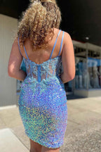 Sparkly Silver Corset Sequined Tight Short Homecoming Dress With Appliques Bmbride