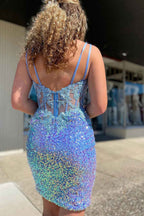 Sparkly Blue Corset Sequins Tight Short Homecoming Dress with Lace