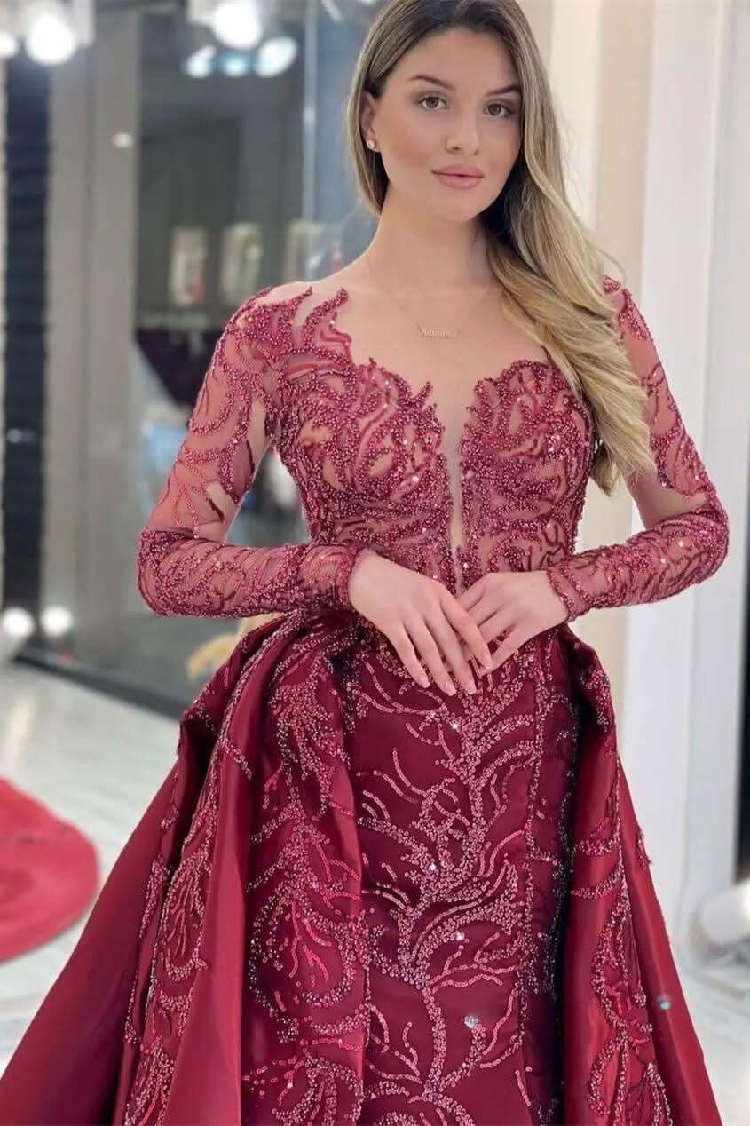 Elegant Rose Long Sleeve Mermaid Evening Dress with Applique Sequins BM bride