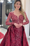 Elegant Rose Long Sleeve Mermaid Evening Dress with Applique Sequins BM bride