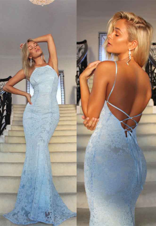 Mermaid Lace Backless Spaghetti Strap Sleeveless Long Prom Dress Baby Blue