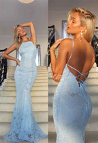 Mermaid Lace Backless Spaghetti Strap Sleeveless Long Prom Dress Baby Blue