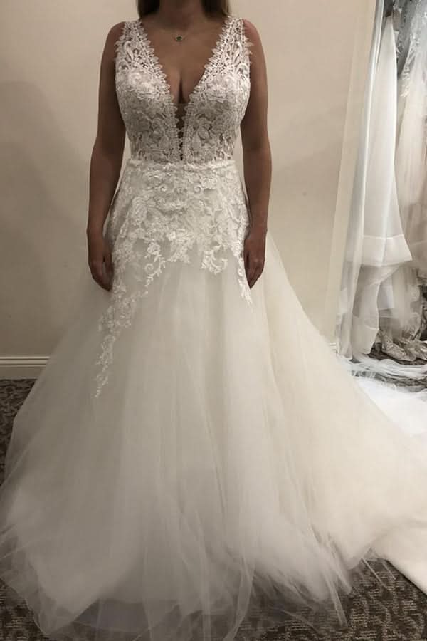 Lace Tulle A-line Sleeveless Wedding Dress With Backless Design BM bride