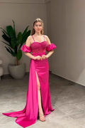 Sweetheart Bubble Sleeves High Split Long Prom Dress With Beading
