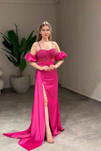 Sweetheart Bubble Sleeves High Split Long Prom Dress With Beading